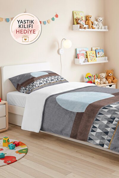 Evimde Bambaşka Gray Geometric Youth Room Single Pique Set - Blue Brown 160X2...