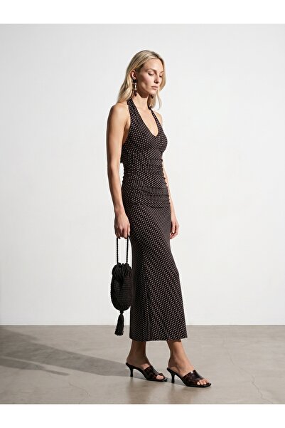 Dilvin 91698 Lyocell Halter Neck Midi Dress-Dark Brown