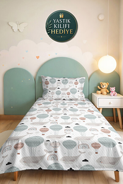 Evimde Bambaşka Balon Balina Pastel Mint Children's Room Single Pique Set - N...