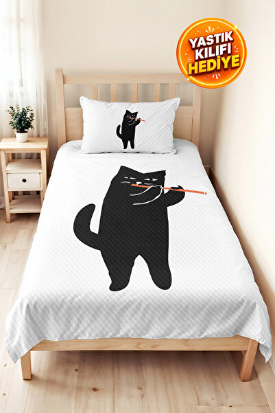 Evimde Bambaşka Black Cat Modern Children's Room Single Pique Set-White Orang...