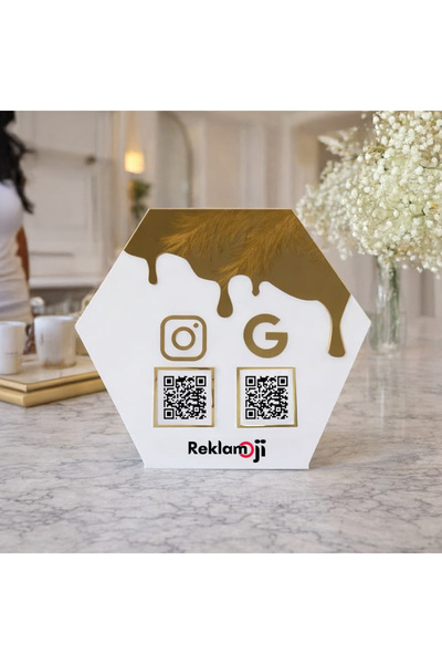 Özel Tasarım Çift Qr Kodlu Masaüstü Standı - Instagram ve Google Yorum (23X20 Cm)
