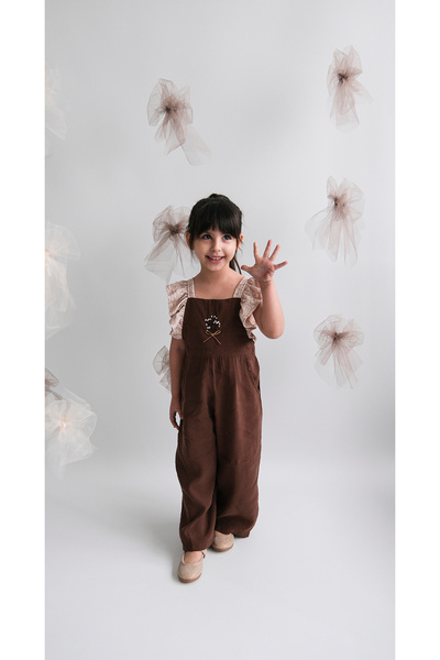 Coolimino Flower Embroidered Brown Girls' Jumpsuit