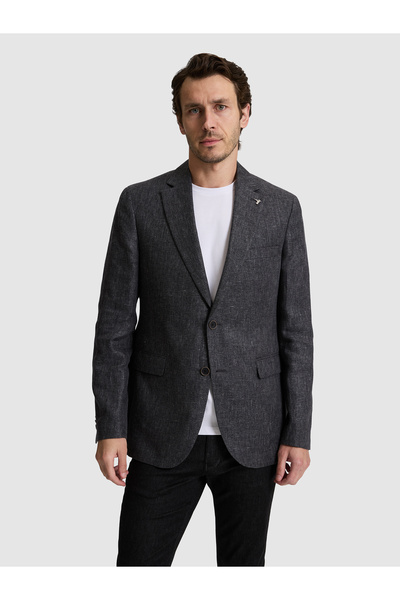 Cacharel Black Slim Fit Linen Blend Micro Pattern Mono Collar Jacket 50319086...