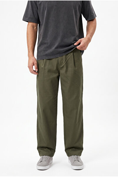 Respire Men's Pleated Detailed Fabric Baggy Trousers Khaki