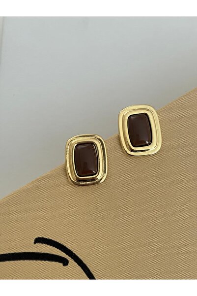 FASHION Special Design Square Button Model Brown Stone Gold Earrings