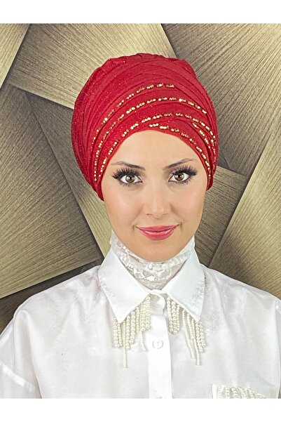 BUTİKAMBAR Yellow Beaded Detailed Draped Bonnet Shawl
