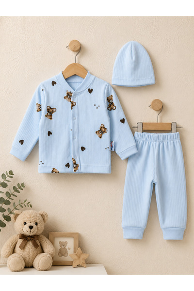 casa nexa 3 Piece Baby Boy Set Teddy Bear Patterned Ribbed 100% Cotton Cardig...