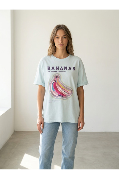Finelook Women's Oversized Light Blue Graphic T-Shirt - Graphic Tee