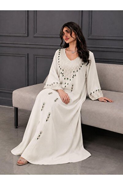 Mar style High-End Green Embroidery V-Neck Jalabiya