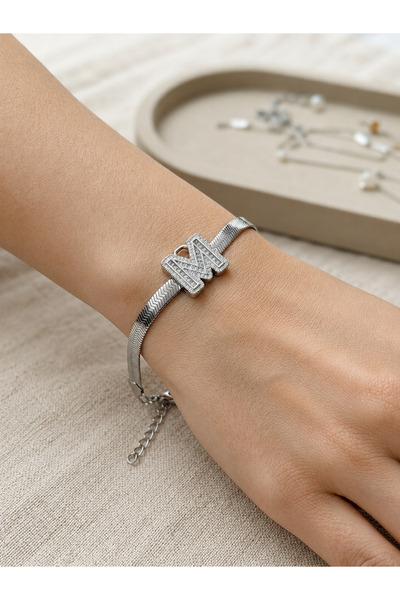 FM 💎   Premium Silver Color Shiny Stone 316L Steel Letter m Bracelet (23cm L...