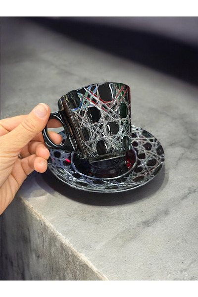 AYZ HOME Renkli Kesme Kristal Cam 6 lı Çay-Double Kahve Fincan Seti / Büyük Boy