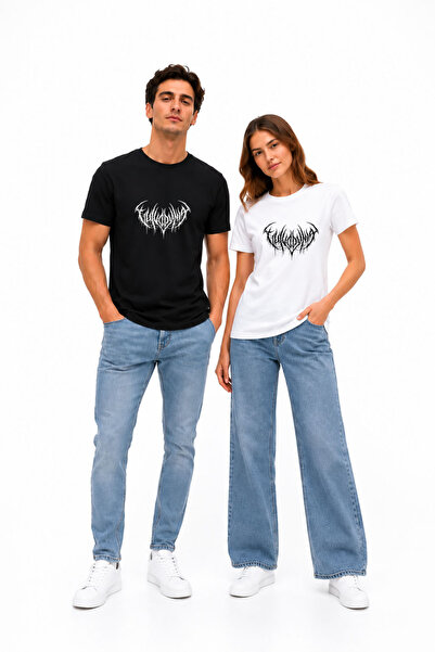 Ciel Lune Black Metal Logo Printed Black Unisex Oversize T-Shirt Couple Combi...