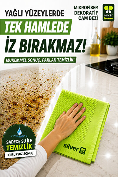 SİLVER HOME Dekoratif Mikrofiber Cam Bezi 42x68 cm 200 GSM Yeşil İz Bırakmaz Süper Emici Cam Ayna Pencere Duşakabin Silme Bezi