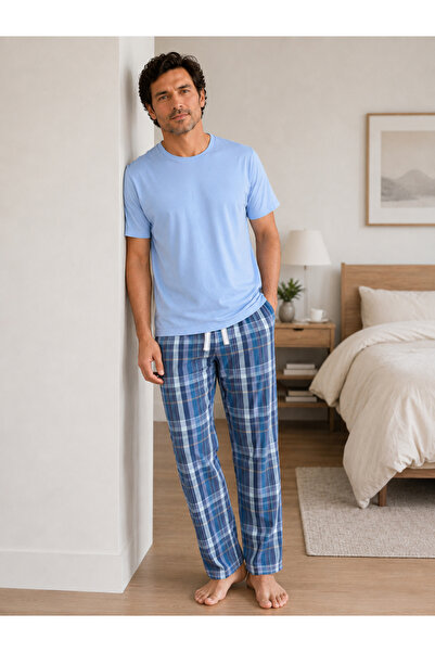 Victor and Jane By Styli Men Solid Cotton T-Shirt and Checked Pyjama Set