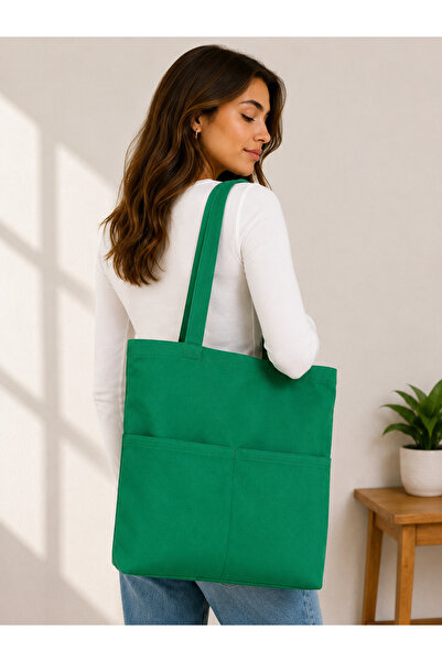 İKStore Women's Green Zippered Hand and Shoulder Bag Fabric Tote Bag Canvas B...
