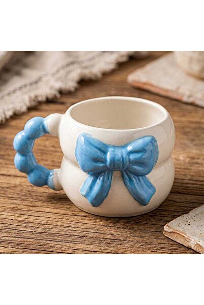 PALTO TASARIM Blue Bow Mug 3D Embossed Handmade Cream Glossy - Handcrafted 3D...