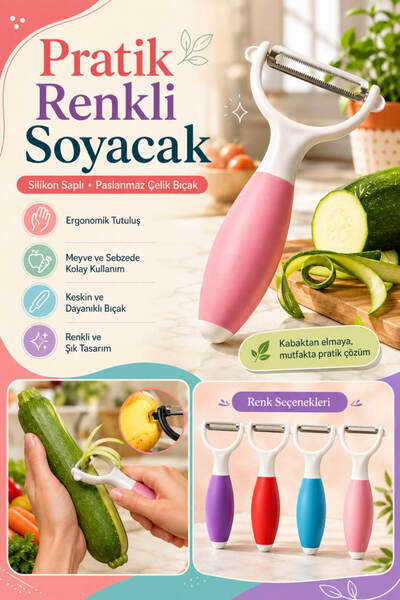 Anadolu Saray Pratik Renkli Silikon Saplı Tombul Çelik Meyve Sebze Soyacağı- ...