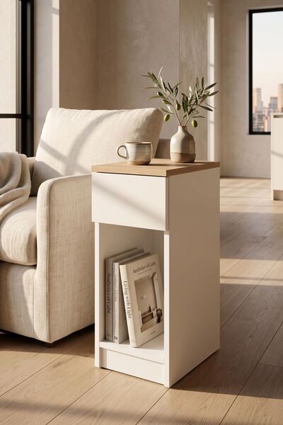 Sevinse Home ORA Yan Sehpa - Meşe Tablalı Modern C Sehpa - Açık Raflı Minimal...