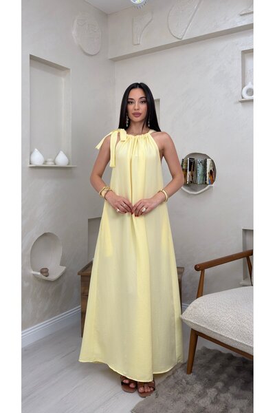 miraylawear FAYE SARI RENKLİ BOYUNDAN BAĞLAMALI SALAŞ TARZ KADIN MAXİ ELBİSE