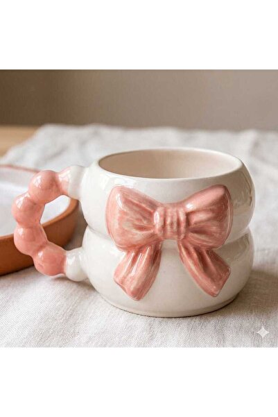 PALTO TASARIM Pink Bow Mug 3D Embossed Handmade Cream Glossy - Handcrafted 3D...