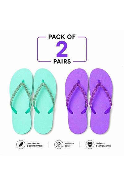 Generic Women's Flip Flops Flat Slippers with Glitter Straps Pack of 2 Mint g...