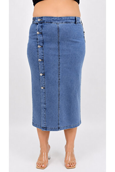 ZANESSİ FASHION Plus Size Denim Buttoned Pencil Skirt