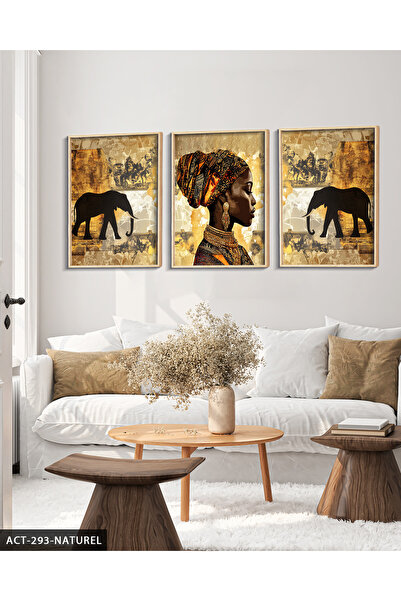 Evinemoda African Woman and Elephant 3 Piece Wooden Framed Painting Act