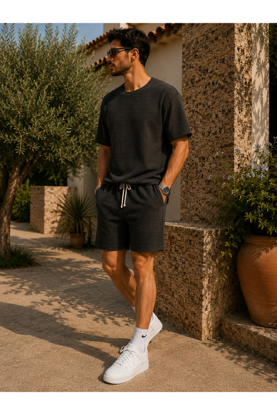 EYAX MODA Men's Set Pitircik Fabric Cycling Neck T-Shirt & Shorts