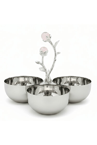 AKDC Silver Stainless Steel 3-Part Candy & Nuts Serving Bowl Set with Decorat...
