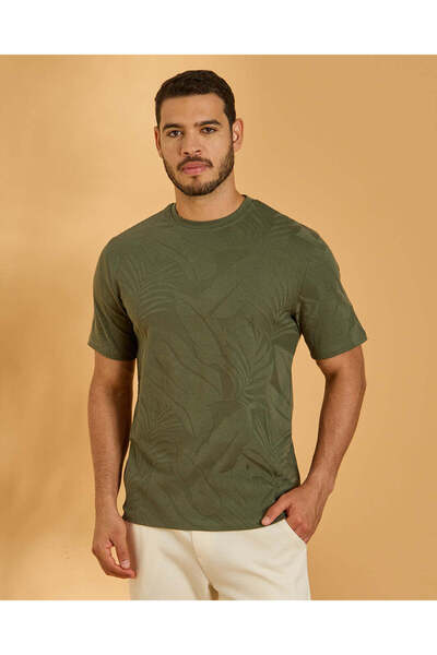 REDTAG Men Olive Jacquard T-Shirt