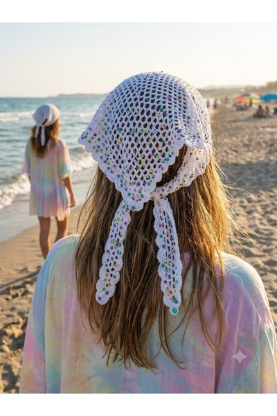 MOJOMIX Dikişsiz El Örgüsü Çok Renkli Payetli Beyaz Bandana