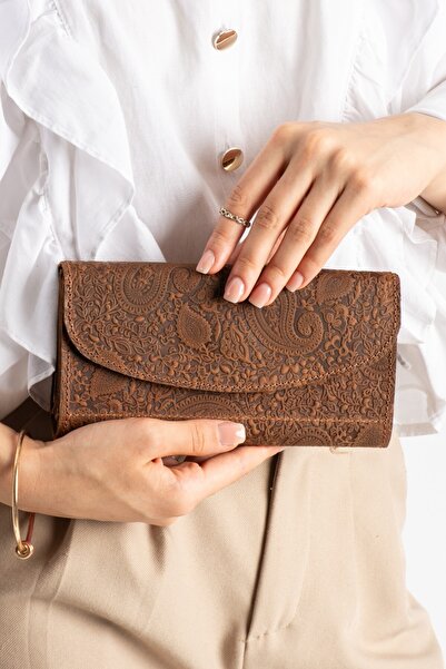 MAT Deri Tan Women's Wallet Genuine Leather Shawl Pattern Embossed Long Portf...