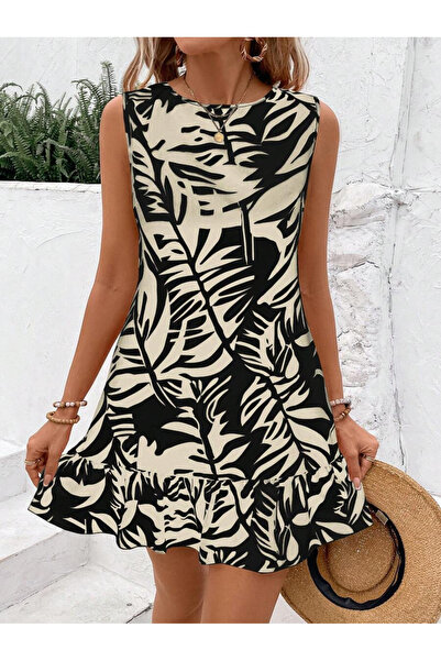 Valeria Butik Women's Strappy Sleeveless Crew Neck Ruffle Detailed Patterned ...