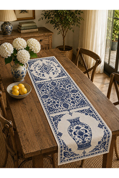 Elay Tekstil Lacivert Çini Zarafet Runner | Dekoratif Masa Runnerı | 40x140 cm
