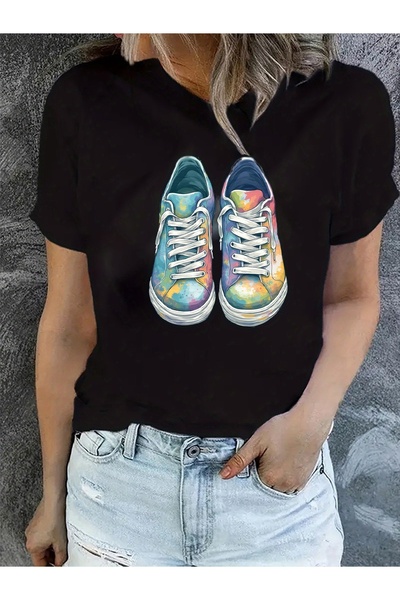 BASEPULSE Women' Sneaker Print Short Sleeve T-Shirt Colorful Sneakers Round N...