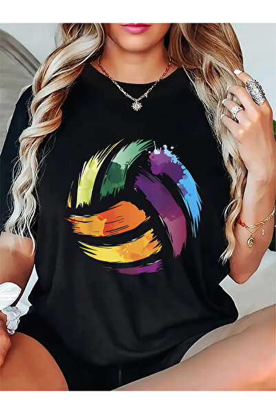 12 Teknoloji Vibrant Rainbow Volleyball Graphic Women'S Summer Short Sleeve T...