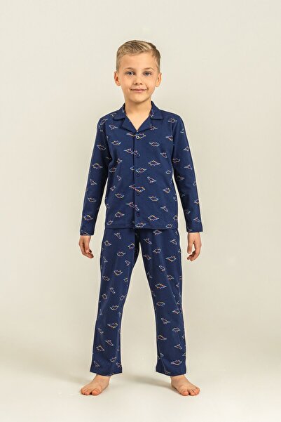 Rolypoly Boy's Colorful Dinos Navy Blue Shirt Pajama Set Rp3867-C-V1