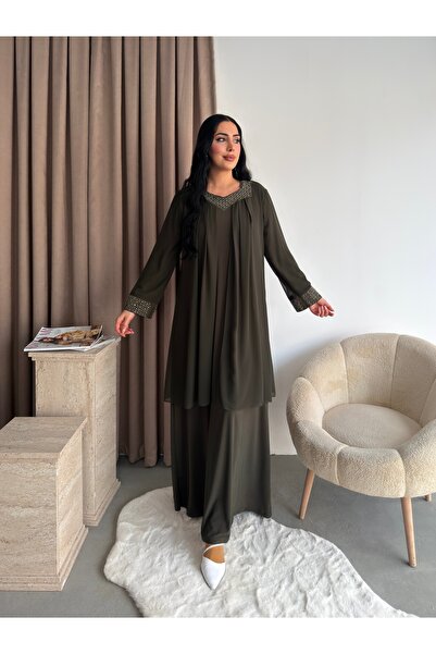 Miss Rosemoon Yeni Sezon Büyük Beden Tesettür 2’li Elbise Takım –Taş detaylı ...