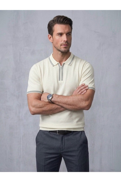 Ewarro Men's Knitwear T-Shirt Zippered Polo Collar Short Sleeve