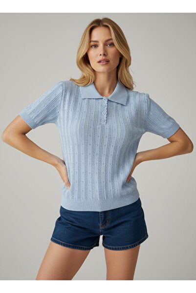 Arbucky Women's Buttoned Polo Collar Openwork Basic Knitwear Blouse