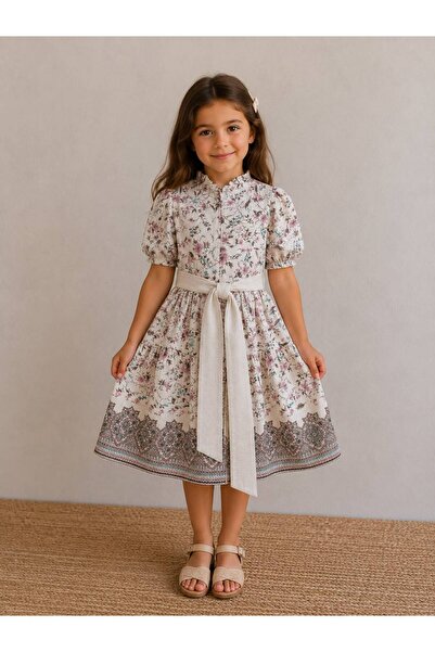 Uslukids Girl's Floral Patterned Short Sleeve Dress