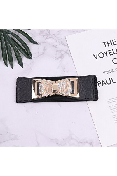 Choice Black Elegant Wide Elastic Waistband Rhinestone Bow Knot Buckle Ladies...