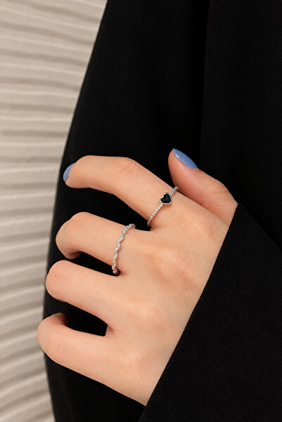 TREND COLLECTİON Set of 2 Silver Color Women's Rings with Black Heart Detail