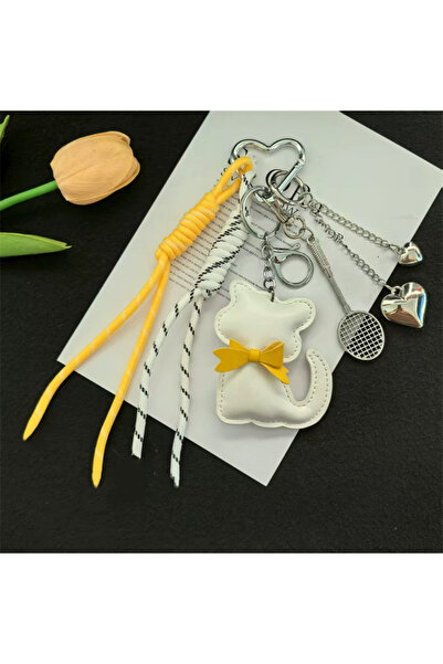 choice2 white Colorful Y2K Braided Rope Leather Cat Pendant Keychain Bag Char...