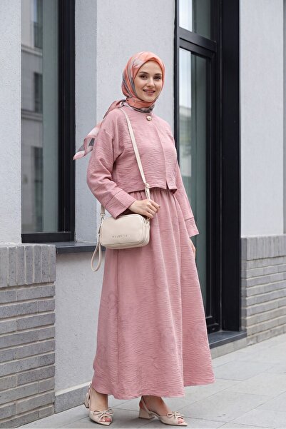 Modamorfo Single Button Embroidered Skirt Linen Look Suit - Dried Rose