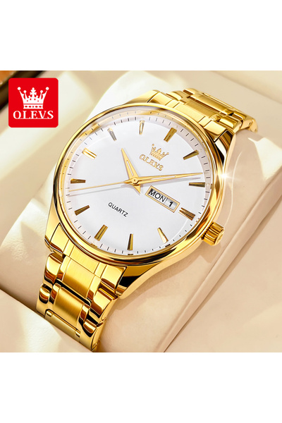 Choice ساعة OLEVS 6898 الذهبية البيضاء البسيطة للرجال، كوارتز، سوار من الفولا...