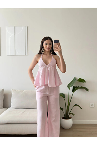 Zoom Butik Boyun Bağlamalı Müslin İkili Takım - PEMBE