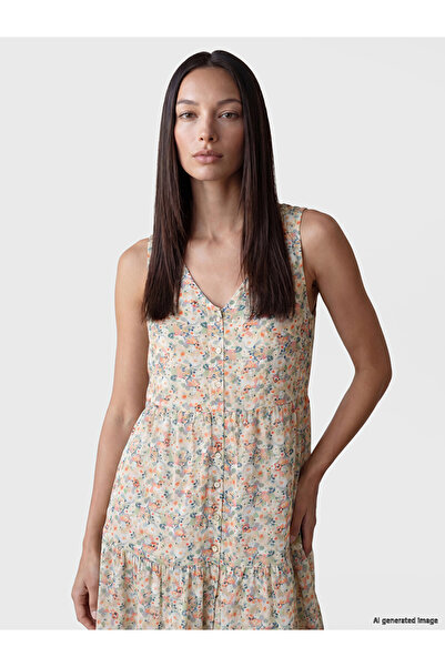 LC Waikiki V-Neck Floral Layered Midi Dress