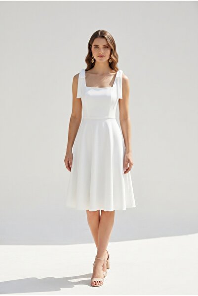 ENDAMIM Square Neckline Straps Midi Flared Evening Dress Lined Non-See-Throug...