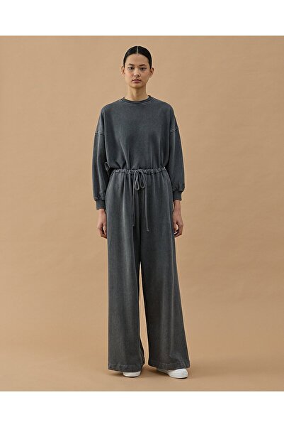 Aybikestil Yıkamalı Cotton İki İplik Wide Leg Bol Eşofman Altı Antrasit